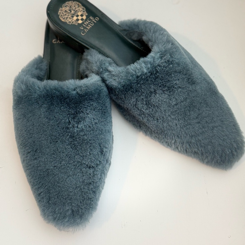 Vince Camuto Blue/Gray Cozy Mules with Faux Fur